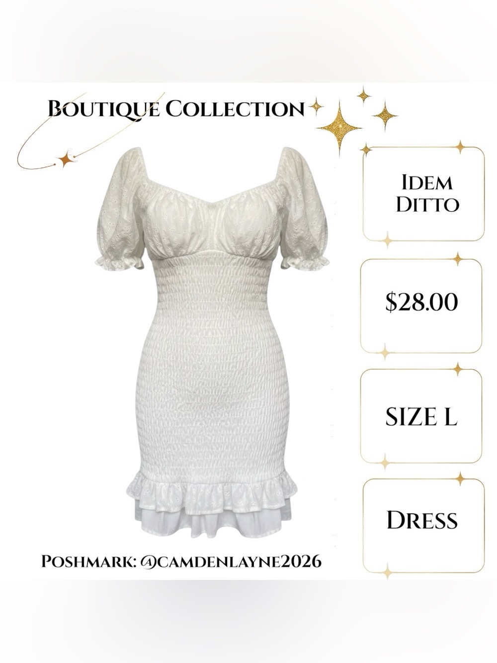 White Smocked “Milk-Maid” Mini Dress with Puff Sleeves - Picture 3 of 6